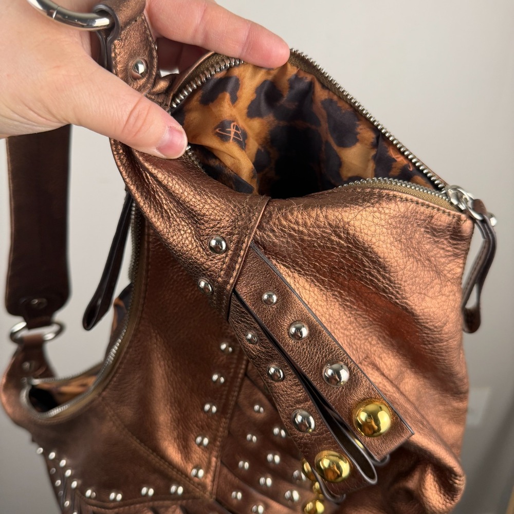 B. Makowsky Hobo Bag Women Metallic Bronze Leather Studded Fringe Shoulder Strap - Picture 4 of 16